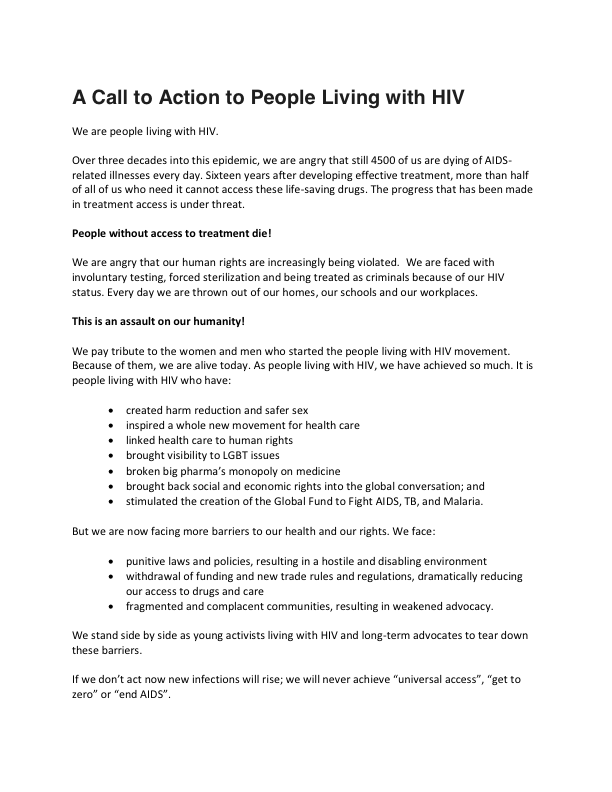 A Call to Action to People Living with HIV