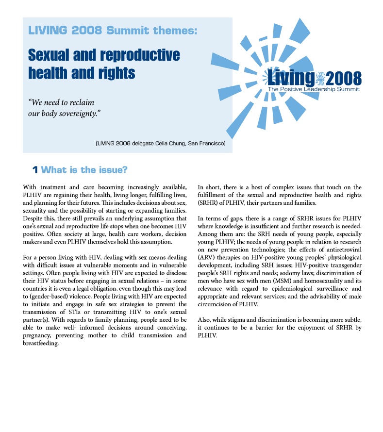 LIVING2008 Sexual Reproductive Health and Rights Working Group Statement