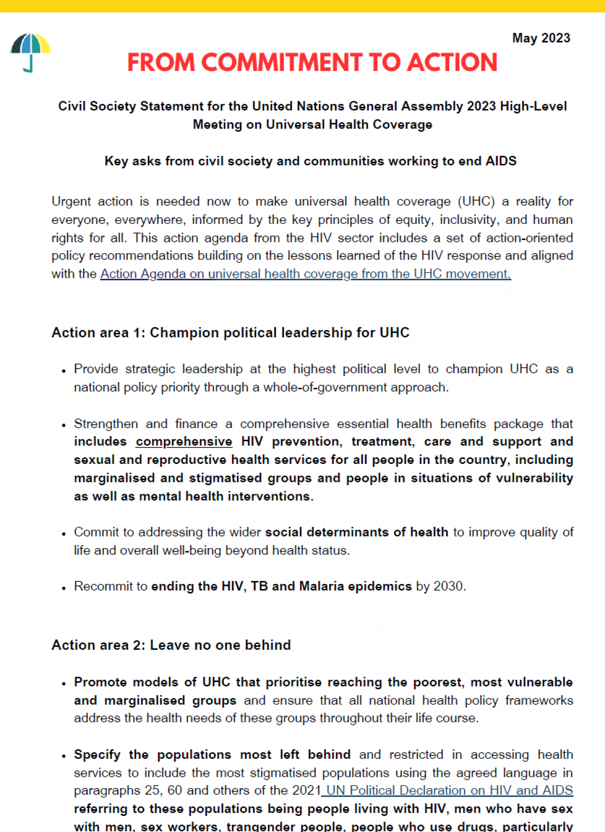 FROM COMMITMENT TO ACTION: Civil Society Statement for the United Nations General Assembly 2023 High-Level Meeting on Universal Health Coverage